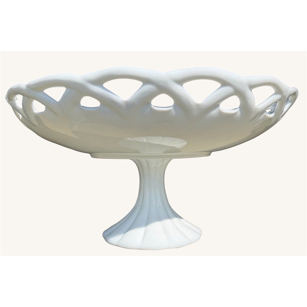 Vintage Colony Pitman Dreitzer Milk Glass Lace Edge Pedestal Compote Bowl 12.75"